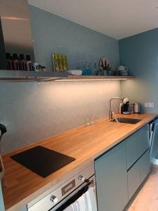 a kitchen with a wooden counter top with a sink at Luxurious top apartment near beach, musea & Keukenhof in The Hague