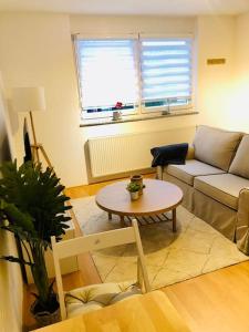 a living room with a couch and a table at Modernes Apartment in Waldstetten in Waldstetten