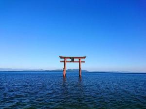 a torii gate in the middle of the water at 素泊りシンプルプラン 禁煙室無料駐車場 滋賀高島グランピングヴィラ けしきのお宿メタセコイアの森 in Takashima