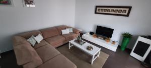 Casa Vitorino's في Vale de Maceira: غرفة معيشة مع أريكة بنية وتلفزيون