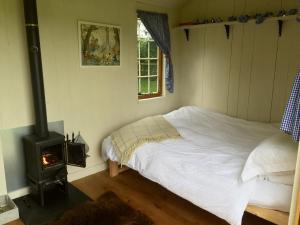 a room with a bed and a fire place at Mollies Hut in Frome