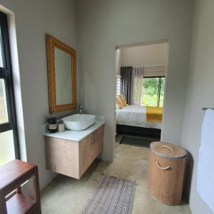 ein Bad mit einem Waschbecken, einem Spiegel und einem Bett in der Unterkunft The Bird House in Kampersrus AH