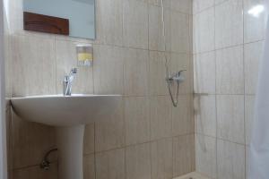 ein Bad mit einem Waschbecken und einer Dusche in der Unterkunft Casa Visovan in Sighetu Marmaţiei