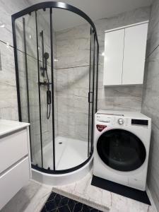 a washer and dryer in a bathroom with a shower at Apartamentai JOLA in Vilkaviškis