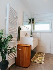baño con lavabo, espejo y planta en L'Oasis Tropicale, en Roppenheim