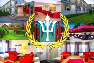 un collage de fotos de un hotel con muebles rojos en Neptun Ψ, en Jastrzębia Góra