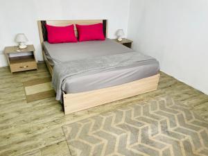 Schlafzimmer mit einem Bett mit roten Kissen und einem Teppich in der Unterkunft Maison Stacie in Chemin Grenier