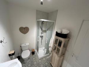 La salle de bains blanche est pourvue d'une douche et de toilettes. dans l'établissement Charmante maison de ville, à Arnouville-lès-Gonesse