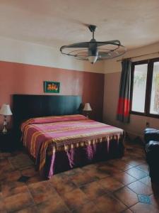 een slaapkamer met een bed en een plafondventilator bij Fabulous City View Apartment in Oaxaca City