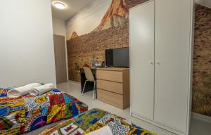 - une chambre avec un lit et un bureau avec une télévision dans l'établissement Soul Poznan, à Poznań