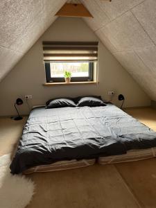 a bedroom with a large bed in a attic at Bear House in Sigulda