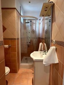 La salle de bains est pourvue d'une douche et d'un lavabo. dans l'établissement Chez Sabrina, à Nanterre Paris La Défense, maison individuelle qui donne sur jardin, à Nanterre