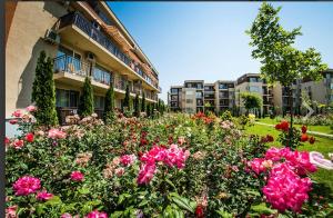 a garden of flowers in front of a building at Paradise View in Sunny Beach