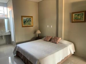 a bedroom with a bed with two pillows on it at Hotel Formigas na Figueira in Tibagi