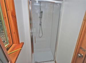 a shower with a glass door in a bathroom at Log Cabin at The Old Summer Dairy Glastonbury in Somerton