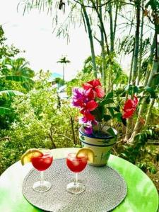 a table with two glasses and a vase with flowers at Ti Sicriers Carbet in Le Carbet