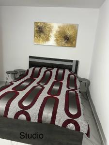a bedroom with a bed with a red and black comforter at Maria’s studio in Paphos City +6 photos