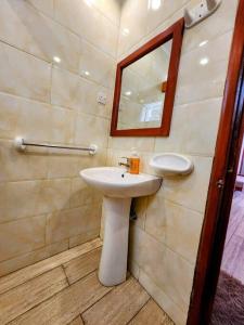 La salle de bains est pourvue d'un lavabo et d'un miroir. dans l'établissement Cozy 2 bedroom in Moshi Town, à Moshi