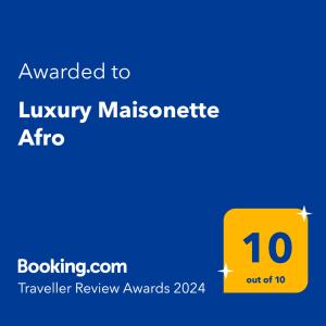 Certifikát, ocenenie alebo iný dokument vystavený v ubytovaní Luxury Maisonette Afro
