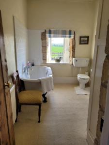a bathroom with a tub and a toilet and a window at Prebendal Manor in Nassington