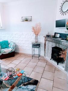a living room with a fireplace and a couch at Jolie maison de village in Capendu