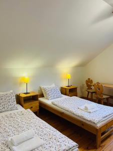 two beds in a room with two tables and two lamps at Dom wśród Sosen in Rzędkowice