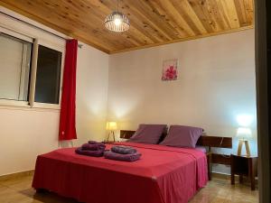 Un dormitorio con una cama roja con toallas. en Meublé de tourisme Makaze en Saint-Louis
