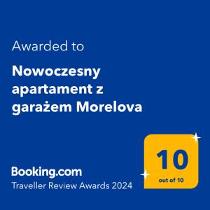 Un certificat, premiu, logo sau alt document afișat la Nowoczesny apartament z garażem Morelova
