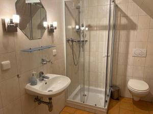 ein Bad mit einer Dusche, einem Waschbecken und einem WC in der Unterkunft Gästehaus-Erbst in Loxstedt