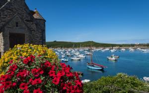 un montón de barcos en un puerto con flores rojas en TY COAT - Maison neuve avec vue mer, piscine et bain nordique, en Saint-Pabu