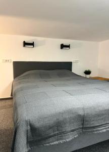 a bedroom with a bed with two lights on the wall at Elena Apartments in Ljubljana