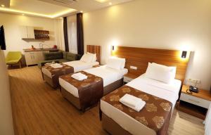 um quarto de hotel com três camas e um sofá em ALMIRCAN HOTEL em Trabzon