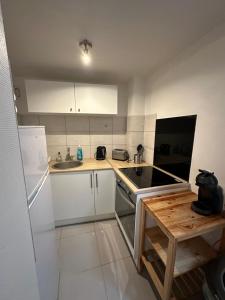 a small kitchen with white cabinets and a sink at Le 58 - Loft Robespierre in Reims
