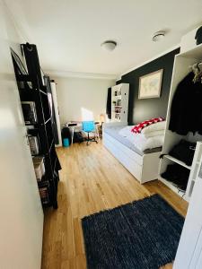 ein Schlafzimmer mit einem Bett und einem Schreibtisch mit einem Teppich in der Unterkunft 2 bedroom apartment in great location in Kristiansand