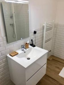 Baño blanco con lavabo y espejo en Magnifique Studio dans Résidence neuve en Corte