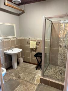 uma casa de banho com um chuveiro e um lavatório. em Eittel Guest Farm Cottage em Winburg