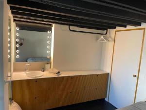 uma casa de banho com um lavatório e um espelho em Vista del Mar Sixties em Koksijde