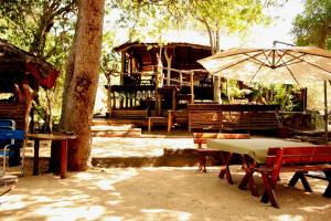 una mesa y un banco con una sombrilla y una casa en Off Beat Safaris Bush Lodge, en Hoedspruit