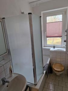 W łazience znajduje się prysznic, umywalka i toaleta. w obiekcie FeWo WIEKO Plauen Leibnizstr. H3, 2. OG rechts w mieście Plauen