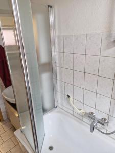 prysznic ze szklanymi drzwiami obok toalety w obiekcie FeWo WIEKO Plauen Leibnizstr. H3, 2. OG rechts w mieście Plauen