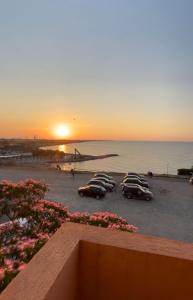 a group of cars parked in a parking lot at sunset at Vila Ilinca in Agigea