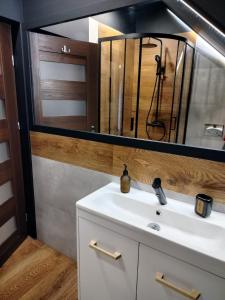 La salle de bains est pourvue d'un lavabo et d'un miroir. dans l'établissement Apartamenty Leśna Osiem, à Jeżów Sudecki