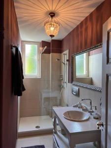 baño con lavabo, ducha y lámpara de araña. en seeglueck SEELIEBE Stadtlage en Konstanz