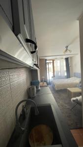 een keuken met een wastafel en een bed in een kamer bij Boro Boro in Borovets