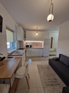 cocina y sala de estar con mesa y sofá en Cora Apartment, en Baia Mare
