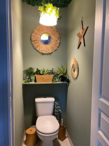 ein Badezimmer mit einem WC mit Pflanzen und einem Spiegel in der Unterkunft gite l'etoile de mer in Eu