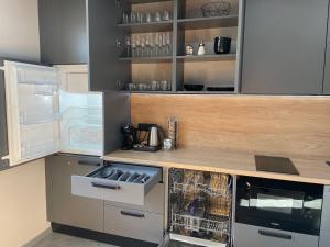 uma cozinha com um fogão e uma máquina de lavar louça em BRIVIBAS RESIDENCE - NORTH & SOUTH, free PRIVAT parking, free WIFI, self check-in em Riga