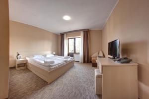 ヤブルニツァにあるSkilandhouse Yablunytsyaのベッドとテレビが備わるホテルルームです。