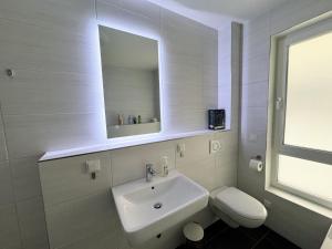a bathroom with a sink and a toilet and a mirror at Appartement Neugasse de Luxe - Komfort & Stil inklusive in Bad Camberg +18 photos