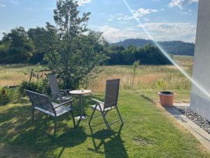 un patio con 2 sillas y una mesa en el césped en Schöne Unterkunft Nähe Schweiz, en Gottmadingen